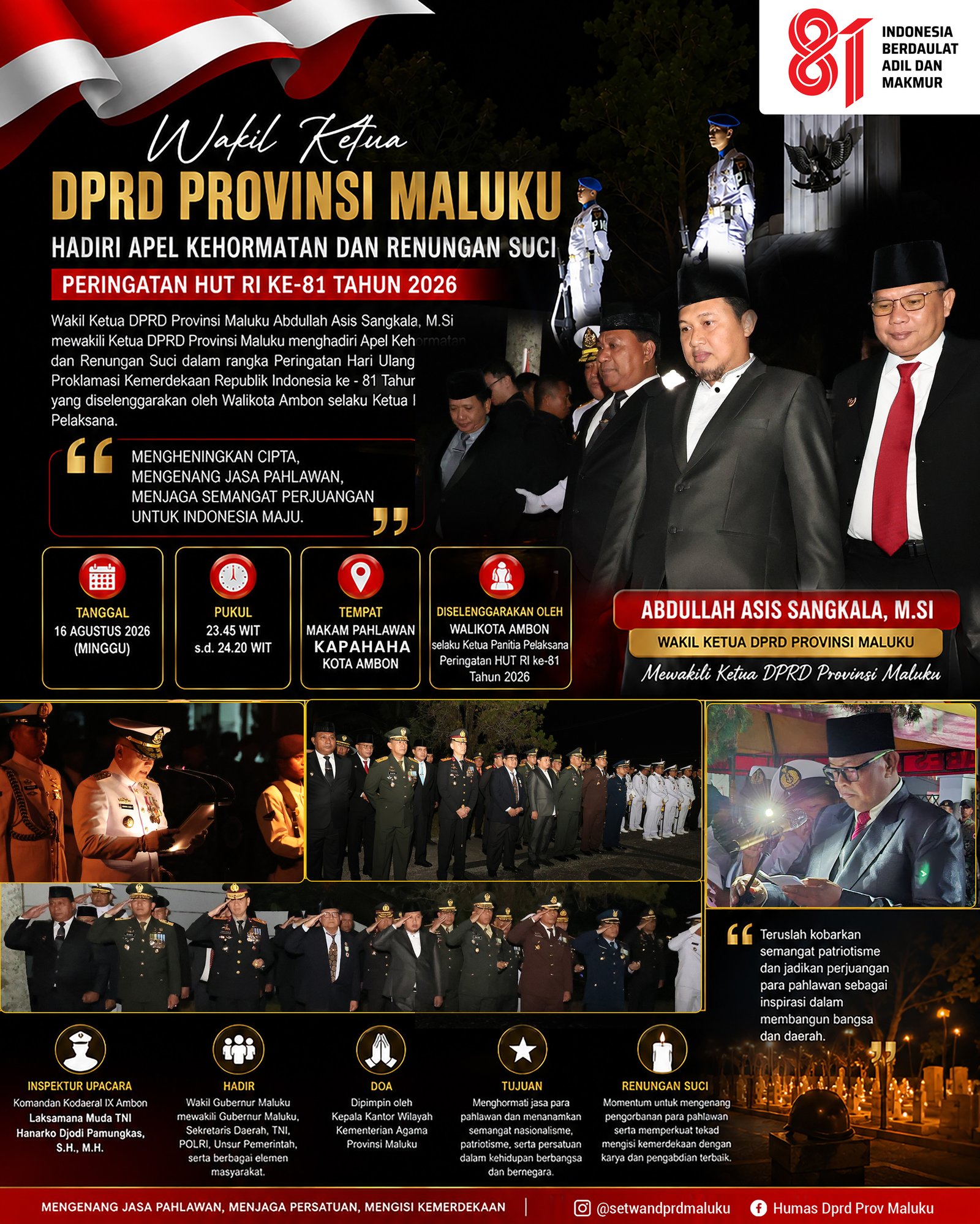 Waka DPRD Maluku Hadiri Apel Kehormatan dan Renungan Suci